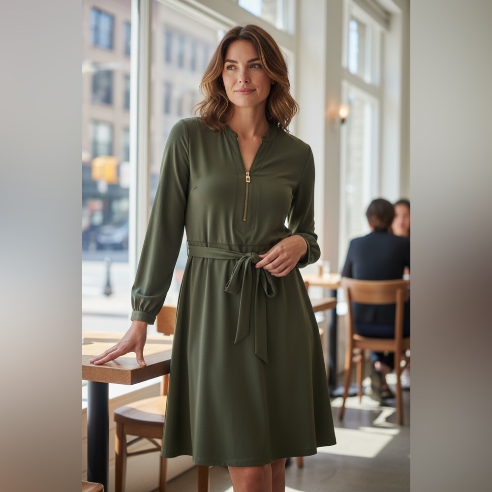 💙Michael Kors Elegant Olive Green Flowy Dress with Belt.